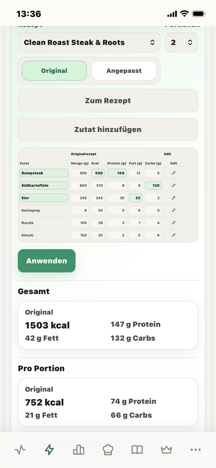 Rezept Optimizer mit anpassbaren Zutaten und Makros